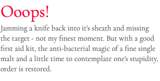 Ooops! Jamming a knife back into it's sheath and missing the target - not my finest moment. But with a good first aid kit, the anti-bacterial magic of a fine single malt and a little time to contemplate one's stupidity, order is restored.