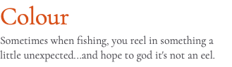 Colour Sometimes when fishing, you reel in something a little unexpected...and hope to god it's not an eel.