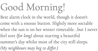 Good Morning! Best alarm clock in the world, though it doesn't come with a snooze button. Slightly more sociable when the sun is on her winter timetable...but I never feel sore (for long) about starting a beautiful summer's day whilst most of the city still sleeps. (My neighbours may beg to differ.)