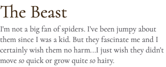 The Beast I'm not a big fan of spiders. I've been jumpy about them since I was a kid. But they fascinate me and I certainly wish them no harm...I just wish they didn't move so quick or grow quite so hairy.