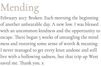 Mending February 2017. Broken. Each morning the beginning of another unbearable day. A new low. I was blessed with an uncommon kindness and the opportunity to escape. There began 5 weeks of untangling the mind mess and restoring some sense of worth & meaning. I never managed to get every knot undone and still live with a hollowing sadness, but that trip up West saved me. Thank you. x