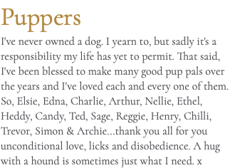 Puppers I've never owned a dog. I yearn to, but sadly it's a responsibility my life has yet to permit. That said, I've been blessed to make many good pup pals over the years and I've loved each and every one of them. So, Elsie, Edna, Charlie, Arthur, Nellie, Ethel, Heddy, Candy, Ted, Sage, Reggie, Henry, Chilli, Trevor, Simon & Archie...thank you all for you unconditional love, licks and disobedience. A hug with a hound is sometimes just what I need. x