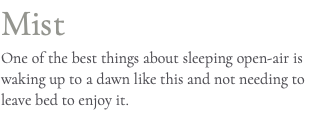 Mist One of the best things about sleeping open-air is waking up to a dawn like this and not needing to leave bed to enjoy it.
