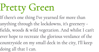 Pretty Green If there's one thing I've yearned for more than anything through the lockdowns, it's greenery - fields, woods & wild vegetation. And whilst I can't ever hope to recreate the glorious verdance of the countryside on my small deck in the city, I'll keep doing all that I can.