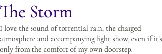 The Storm I love the sound of torrential rain, the charged atmosphere and accompanying light show, even if it's only from the comfort of my own doorstep.